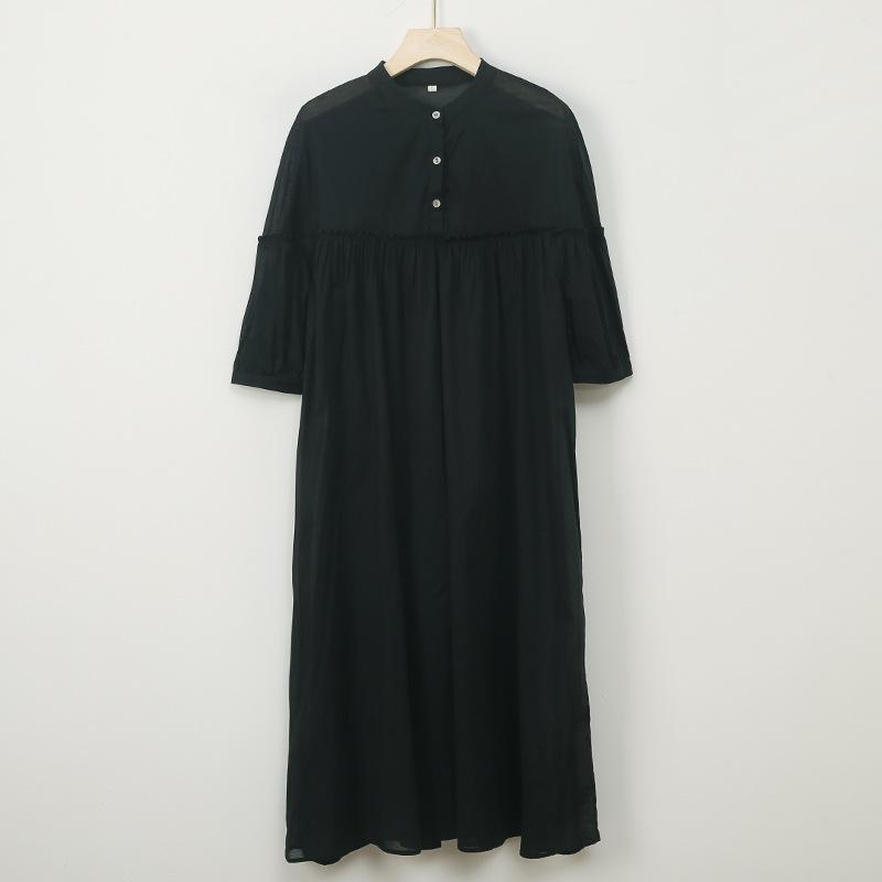 Johnature Women High Waist Casual Dresses Stand Nine Sleeve Solid Color Soft Cloth Summer Loose A-Line Dress