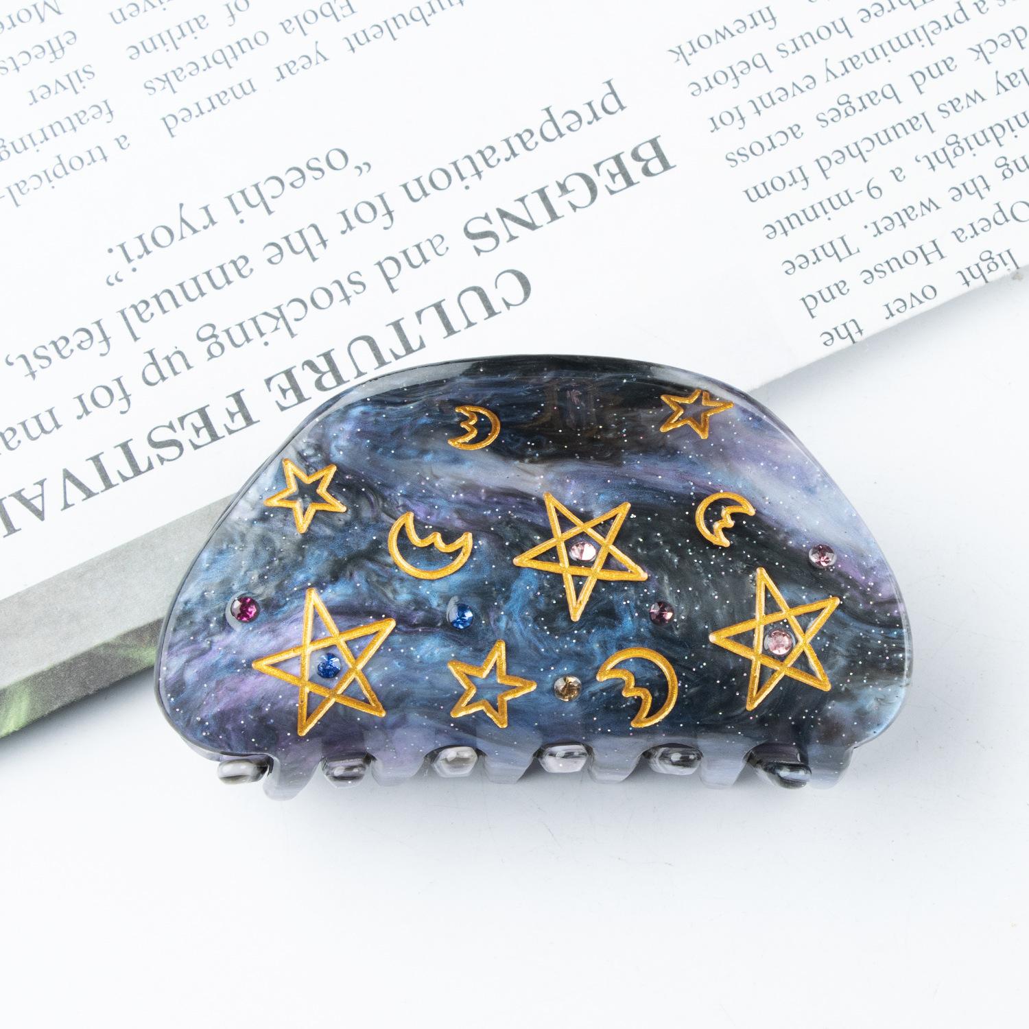 

Заколка для волос в виде пятиконечной звезды с луной, с золотой нитью и красочными украшениями; новый алмазный продукт; акриловая зеленая пудра заколка для волос