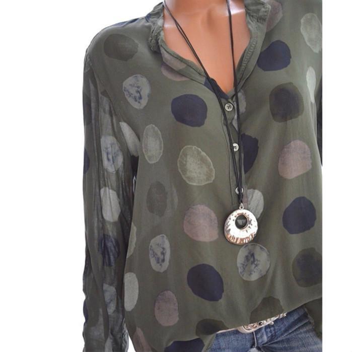 Elegant Women Fashion Polka Dots Print Chiffon Blouse With Long Shirt Sleeves