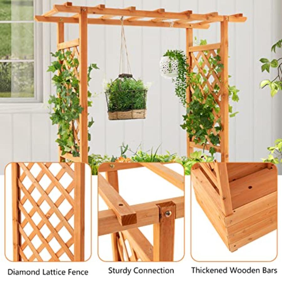Raised Garden Bed with Arch Trellis Wood Planter Box with Hanging Roof Side Trellis 4 Drainage Holes Above Ground Elevated Gard