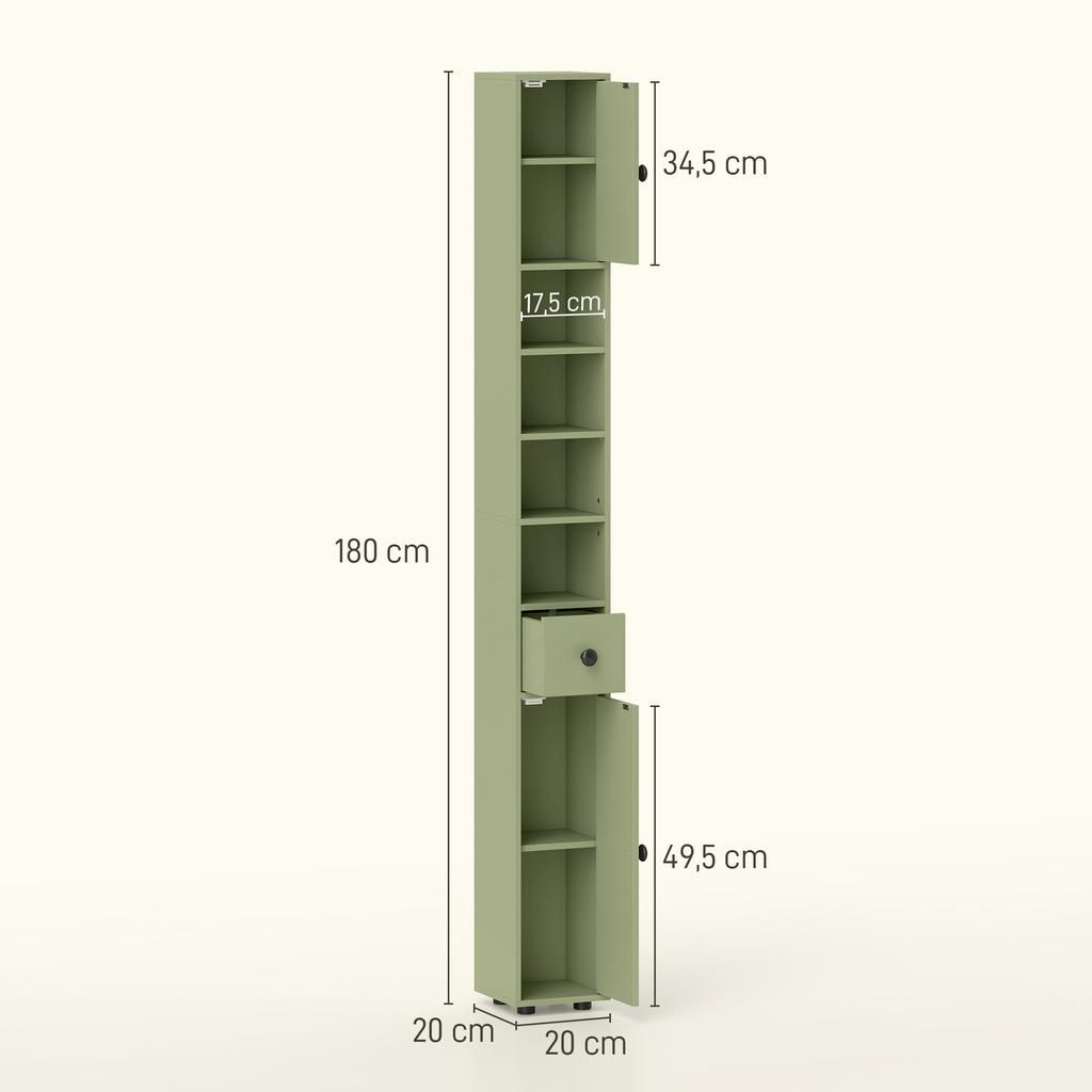 Tall Bathroom Storage Cabinet, 1 Drawer, 4 Shelves, 2 Cupboards, 20 x 20 x 180 cm, Green