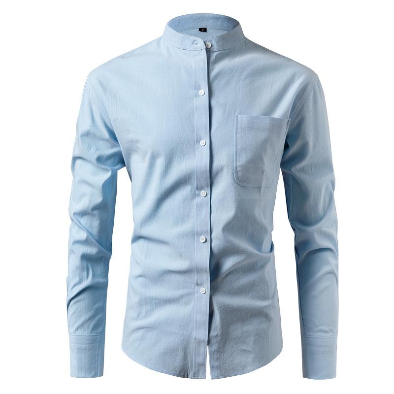 Men Stand Collar Solid Long Sleeve Shirt, Cotton Linen-like Breathable Casual Shirt Cross-border Men Top