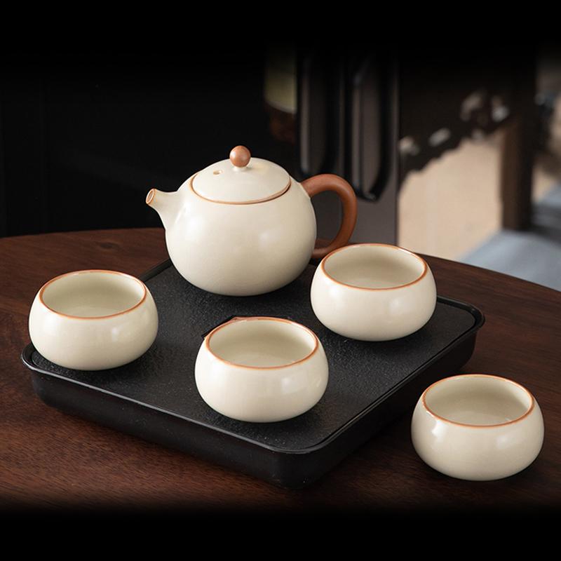 Beige Ru Kiln Kung Fu Tea Set One Pot Four Cups Two Cups Outdoor Travel Small Set Ru Porcelain Hotel Teapot Tea Tray