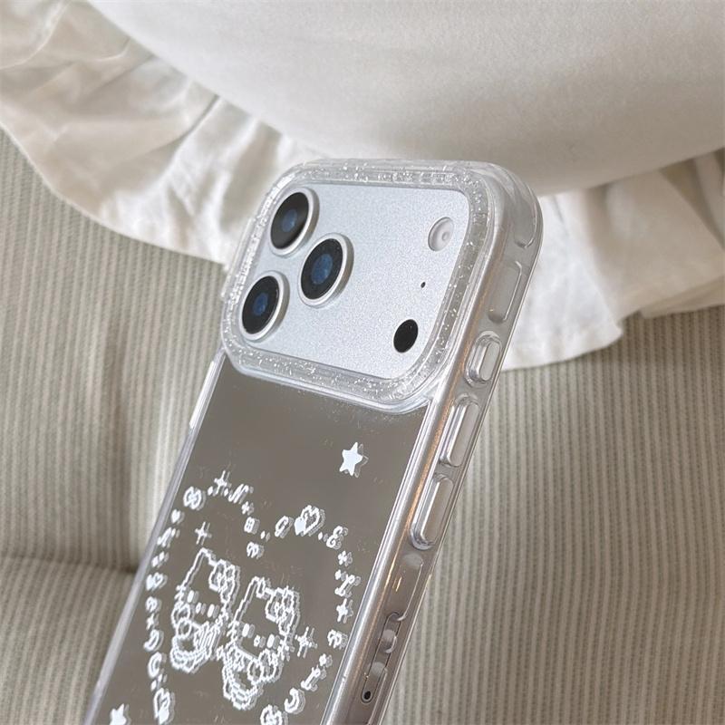 New 2026 Mirror Cartoon Cat Heart Phone Case For iPhone 17 Pro 16 15 14 Pro Max with Glitter Frame Shockproof Cover Girl