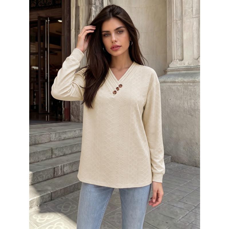 Solid Color V Neck Button Decor Loose Long Sleeve Casual T Shirt Top