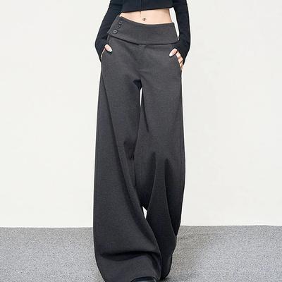 Dark Gray Wide Leg Pants Women Korean Simple Office Lady Loose Button Trouser High Waist Casual Female Vintage Spring Autumn Pants