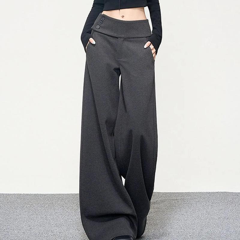 Dark Gray Wide Leg Pants Women Korean Simple Office Lady Loose Button Trouser High Waist Casual Female Vintage Spring Pants