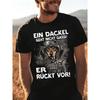 Men's Black Short Sleeve Crew Neck T-shirt with Tactical Dachshund Graphic Print, Soft Cotton Feel, Humorous German Text Design for Dog Lovers Casual