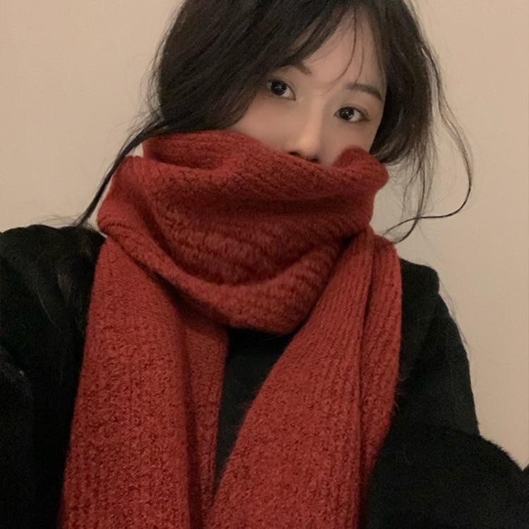 Scarf Women's New Winter Knitted Wool Scarf Red Korean Version Versatile High End Solid Color Warm Couple