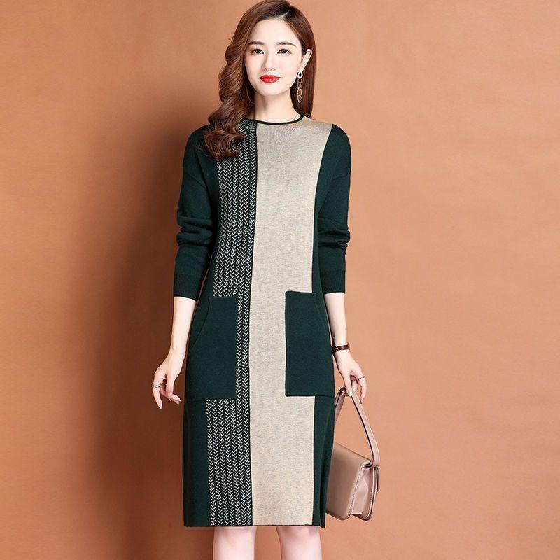Women's Crew Neck Plus Size Knit Dress Autumn and Winter Color-Block Pullover Sweater Dress Over-the-Knee Mid-Length Knit Sweater