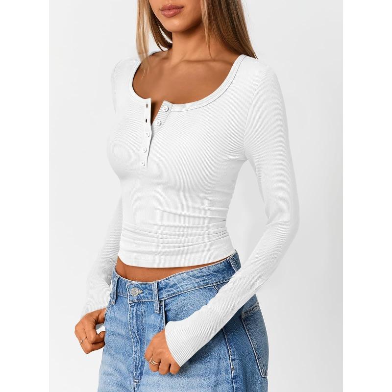 Women S Long Sleeve Ribbed Knit Button V Neck T Shirt