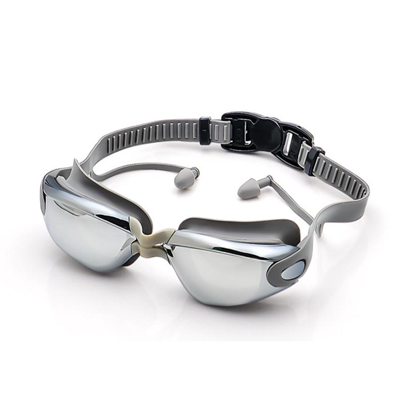 Adult wide-view swimming goggles, high-definition, waterproof, anti-fog, electroplated silicone swim goggles with integrated earplugs