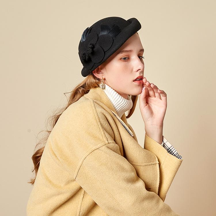 Wool Retro Top Hat British Style Women'S Autumn And Winter Crimped Bud Hat Fashion Flower Stewardess Hat