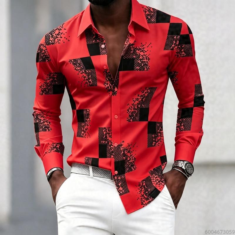 Men's Black and White Patchwork Block Fragment Printed Long Sleeved Shirt, Men's Slim Fit Trend Lapel, Business Casual Shirt