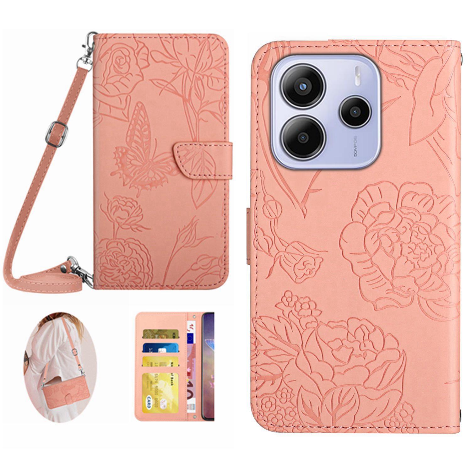 

Для Xiaomi Redmi Note 14 4G (163,25x76,55x8,16 мм) Чехол Кожаный чехол для телефона с тиснением «Бабочка и цветок» с плечевым ремнем Pink