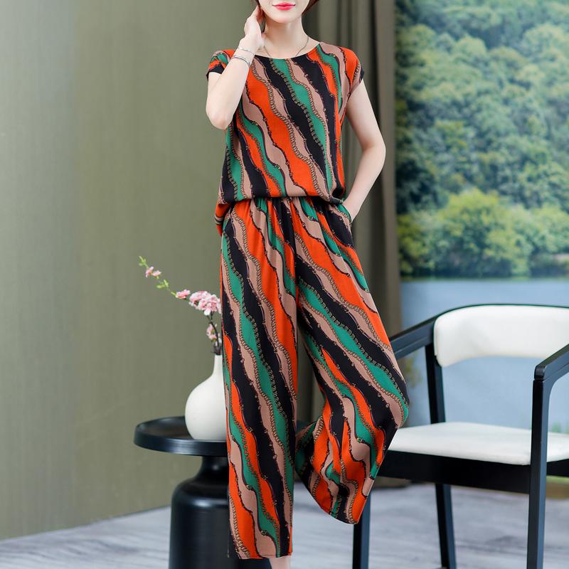 Plus Size Summer Pants Sets for Women  Elegant Loose Vintage Print 2 Piece Outifts