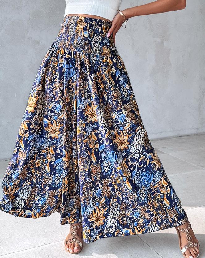 2024 Retro Floral Print Waist-Cinching Wide-Leg Pants for European and American Women