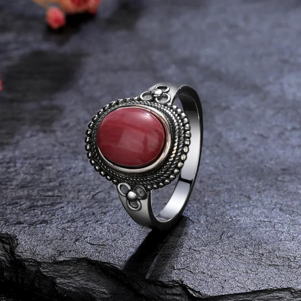 Sterling Silver 925 Vintage Rings Oval 8X10mm Rings Black Onyx Natural Fine Jewelry For Men Women Rhodochrosite Rings