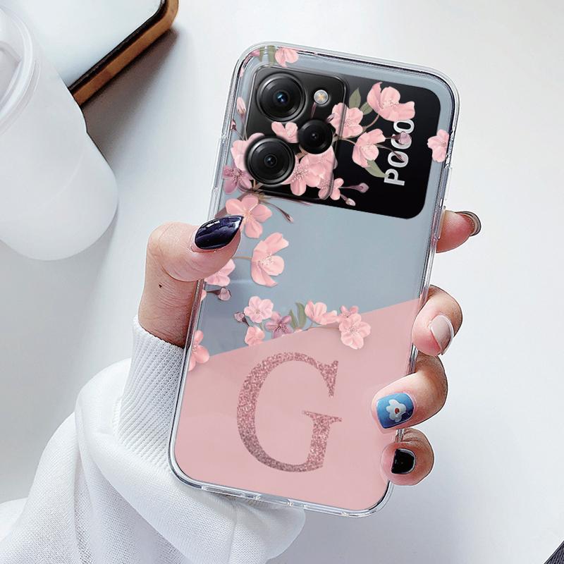 Clear Initial Letter Phone Case For POCO X5 X 5 Pro 5G Shockproof Protector Flowers Cover For Xiaomi POCOX5 X5Pro Coque Soft TPU