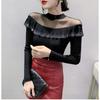 Spring Autumn Long-Sleeved Women's T-shirt Fashion Shiny Ruffles Diamonds Tops Femme Sexy Perspective Mesh Tees Clothes