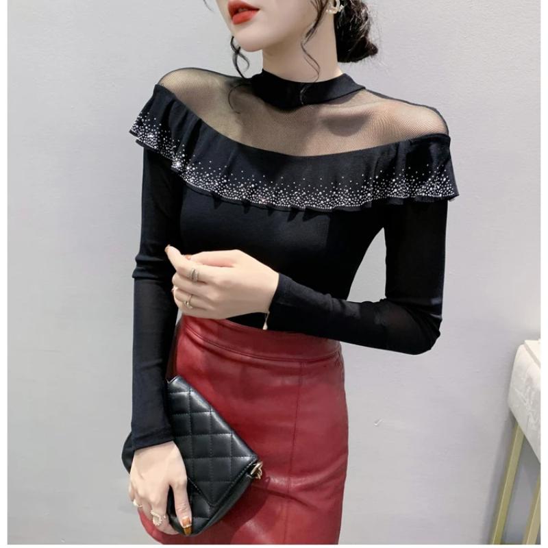 Spring Autumn Long-Sleeved Women's T-shirt Fashion Shiny Ruffles Diamonds Tops Femme Sexy Perspective Mesh Tees Clothes