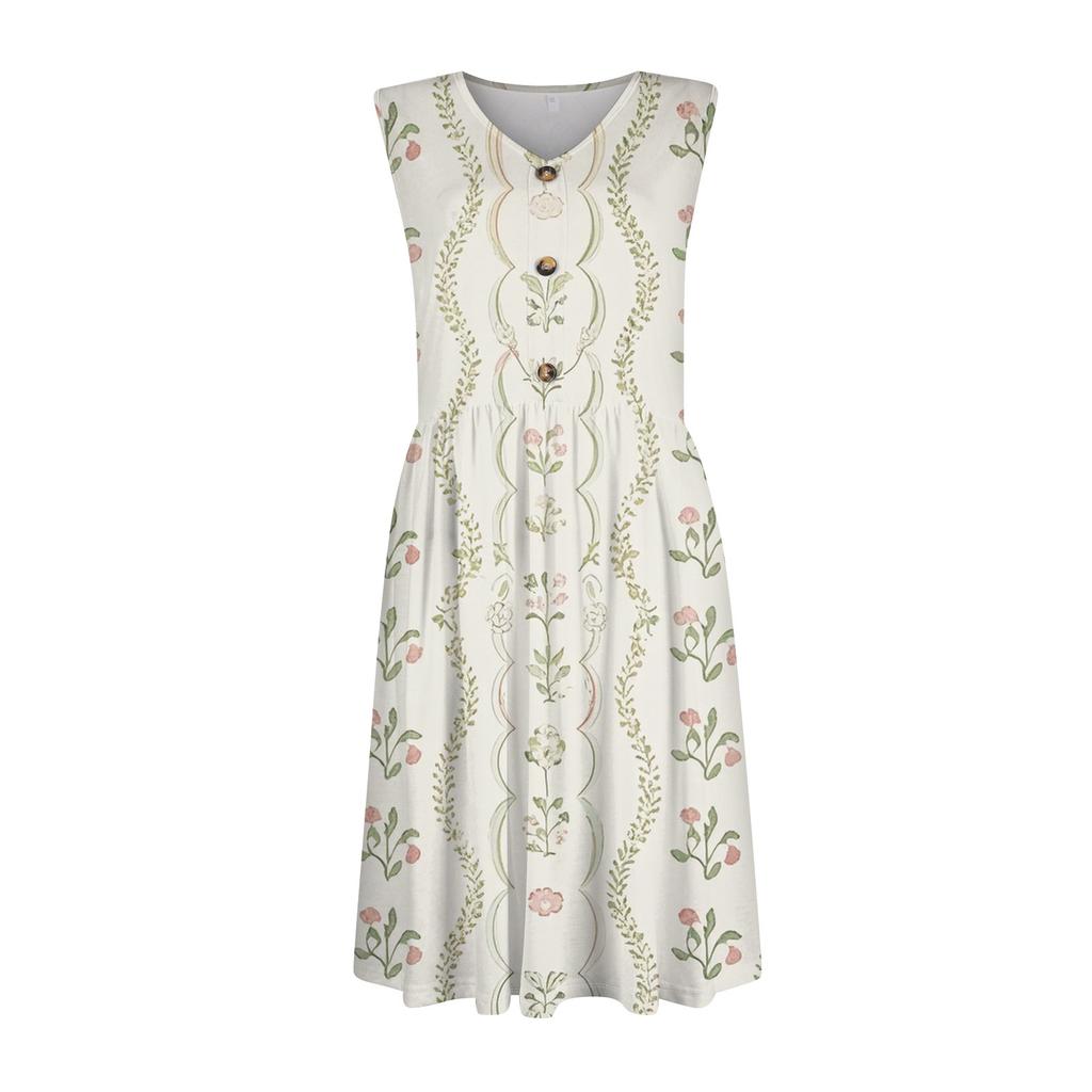 Abito da donna casual alla moda sexy con scollo a V, decorazione a bottoni, senza maniche, da spiaggia stampato, con boutonniere