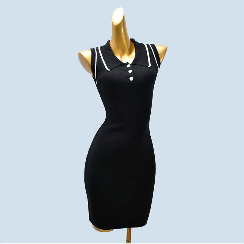 

Preppy Sleeveless Contrast Color Slimming Short dress Temperament Polo Collar Knitted Vest Dress Dress Slim fit Slimming Summer Black (with Drape) One size