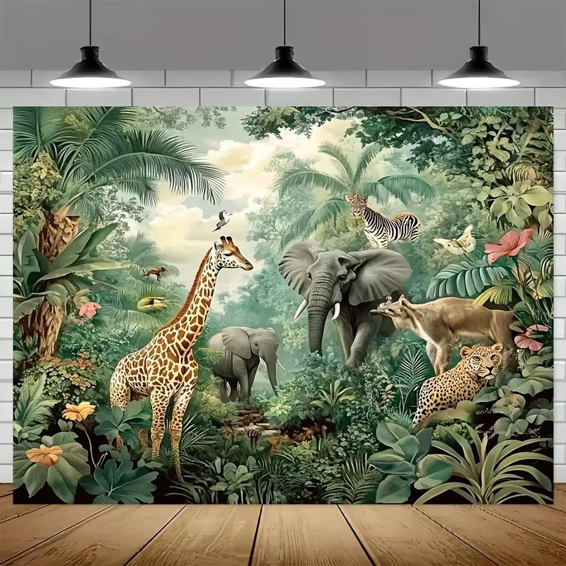 Retro Safari Backdrop with Wildlife and Lush Greenery Photography Background Cloth