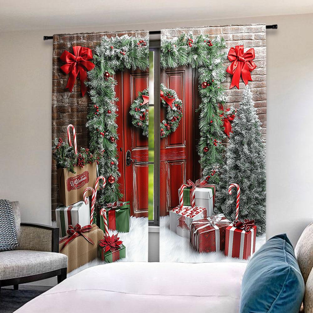 2Pcs Christmas Curtains Brick Wall Wooden Door Christmas Tree Gift Decorative Xmas Suitable For Bedroom Living Room Dining Room