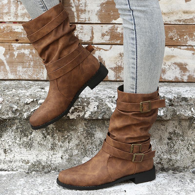 Medium boots autumn and winter new boots round head flat bottom large size cigarette boots