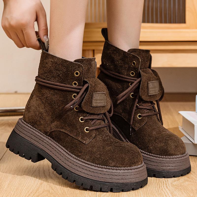 Leather thick-soled heightening rhubarb boots for women's autumn and winter new niche casual brown Martin big boots for women