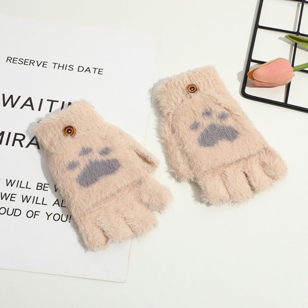 Fingerless Cat Paw Gloves Warm Fleece Touch Screen Gloves New Flip Knit Mittens  Women Girls