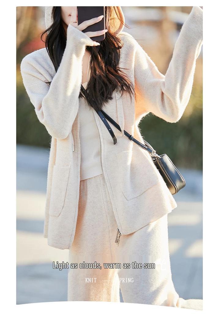 Women's Casual Wool Cardigan & High-Waisted Wide-Leg Knit Pants Set