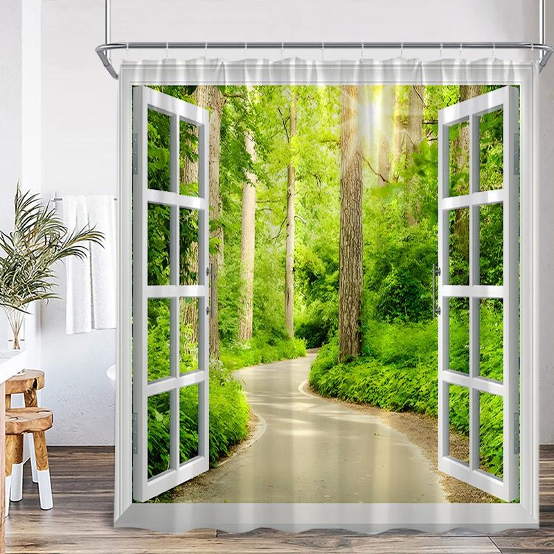 Waterfall Landscape Shower Curtain Forest Lake Window Outside Nature Scenery Modern Home Bathroom Decor Bath Curtains With Hooks