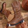 Autumn and Winter Mid-heel Square and Western Cowboy Boots Women's Round Head Pleated Pile Medium Boots