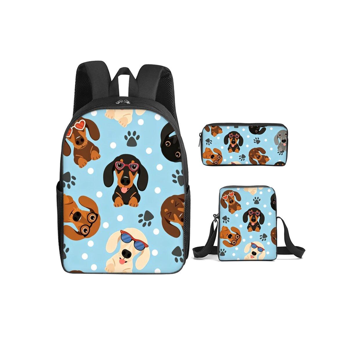 Schattige Teckel Print Kat 3 Stuks/Set Rugzak met Schoudertassen, Etuis voor Jongen/Meisje Beste Cadeau Cartoon Student Schooltassen