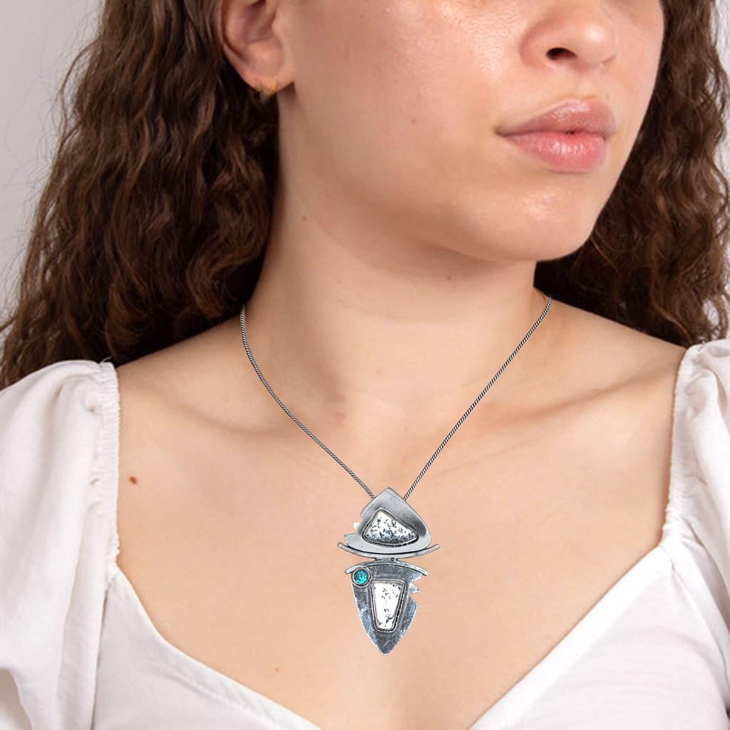 Dendritic Opal Sky Blue Topaz  Mother's Day Silver Jewelry Pendant  2.5"
