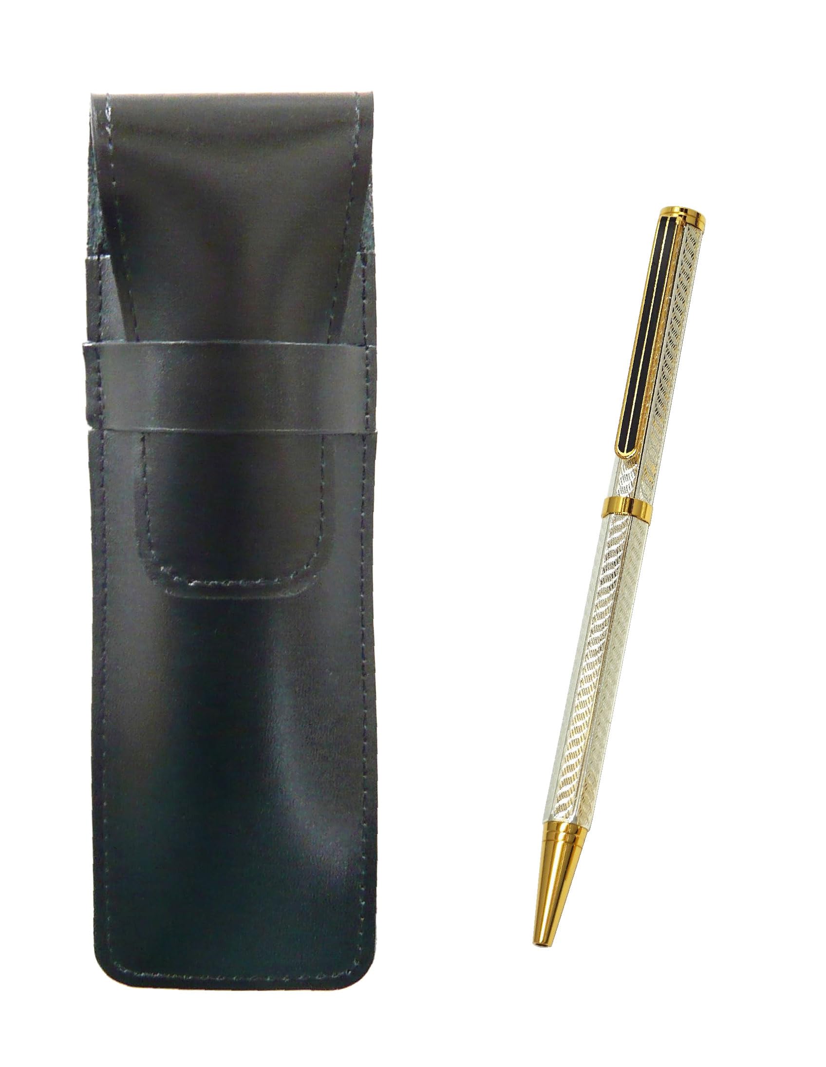

slim black leather pencil case with a brass hexagon rotating gold ballpoint pen set in silver Two-pack (T23-ASB-6KSBP-S-2)