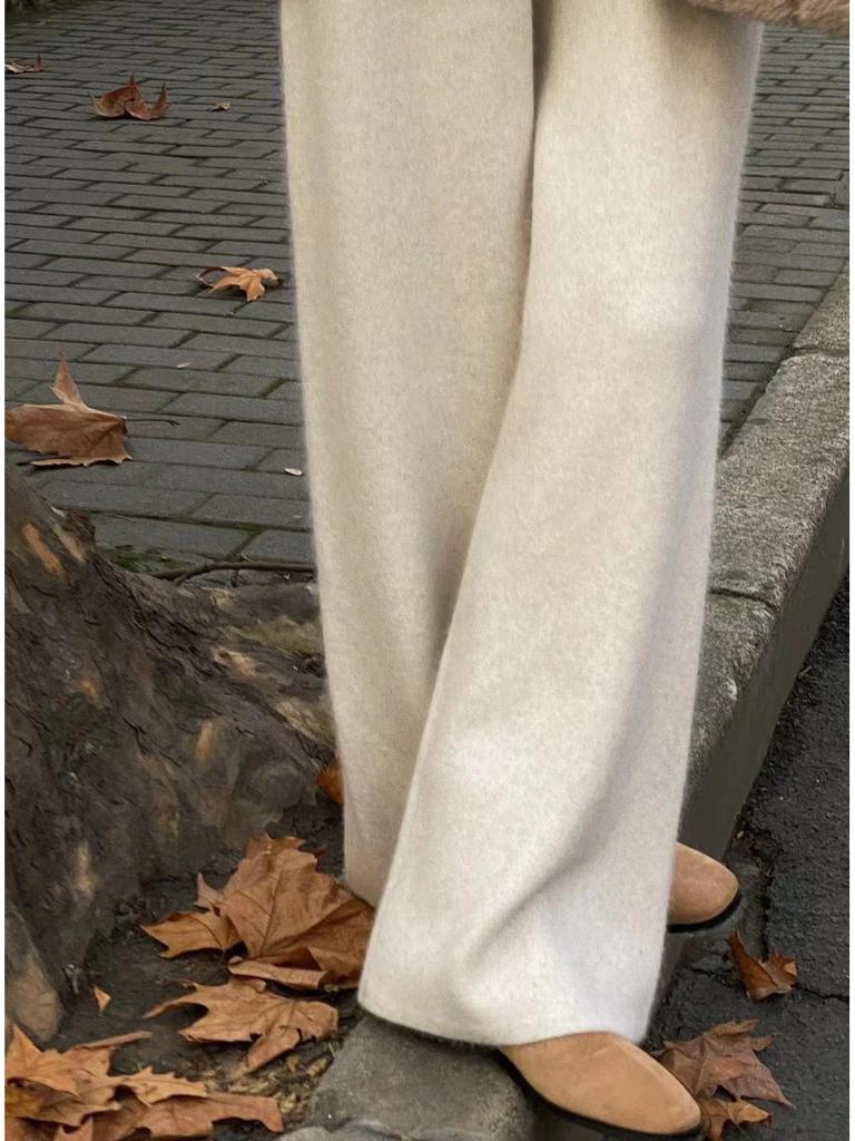 Women's Australian Wool Wide-Leg Trousers - Thick, Floor-Length, Cashmere Knit for Autumn/Winter