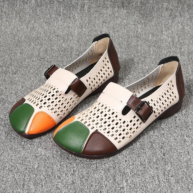 Chaussures de maman d'âge moyen en tendon de vache grande taille pour femmes, chaussures creuses à fond plat, confortables et décontractées