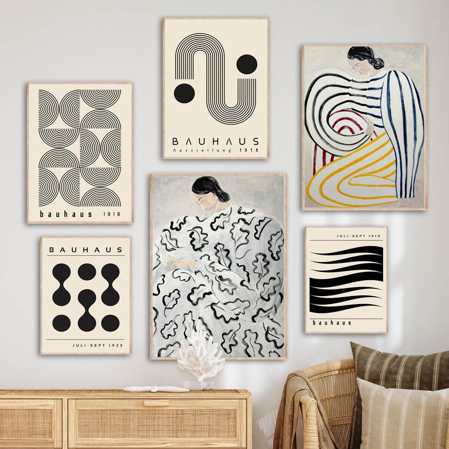 Abstract Striped Girl Bauhaus Geometric Wall Art Posters Prints Picture Vintage Line Canvas Paintings For Modern Room Home Decor