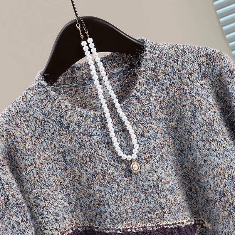 Women's Loose Fit Round Neck Color-Block Wool Blend Sweater