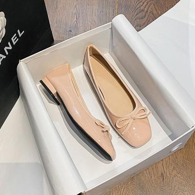Red Bow Single Shoes Women's Flat Square Heel High Heels Black Shoes Shallow Mouth French Ballet Soft Sole Low Heel Women's Shoes