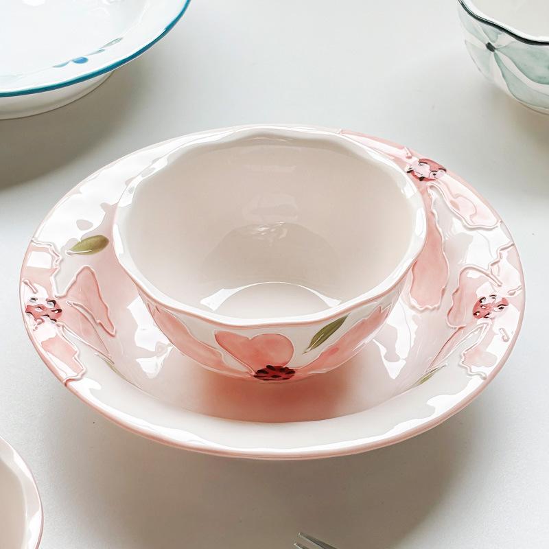 Kwiatowa Japońska Zastawa Stołowa Ceramiczna Miska Kolorowana Podszkliwniem Talerz Domowy Restauracyjny Wysokiej Wartości Miska z Dwoma Uchwytami Talerz Kapelusz Słomkowy