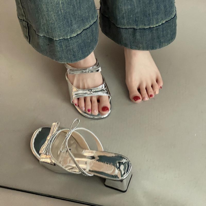 Fashion retro high-heeled cool slippers design sense bow one-word slippers women's summer casual wear French sandals