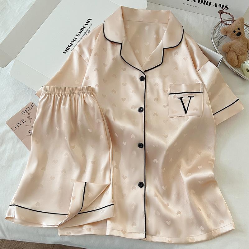 French High-Value Simple Love Jacquard Design Feeling Ice Silk Pajamas Women'S Short-Sleeved Set Loungewear