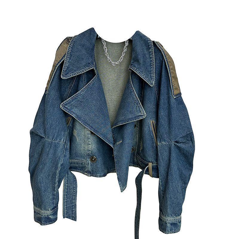 Women's Retro Distressed Patchwork Denim Jacket - Casual Loose Petite Stylish Short Design