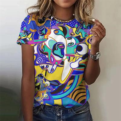 Moda Verão Colorido Grafite Estampa 3D Mulheres Camisetas Streetwear Casual Y2k Manga Curta Camiseta Gola O Tees Tops Roupas