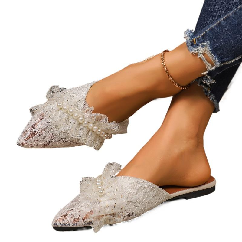 Bead Lace Mesh Women Flats Slippers Designer Pointed Toe Shoes 2025 Fashion Summer Slingback Sandals New Trends Casual Sandalias