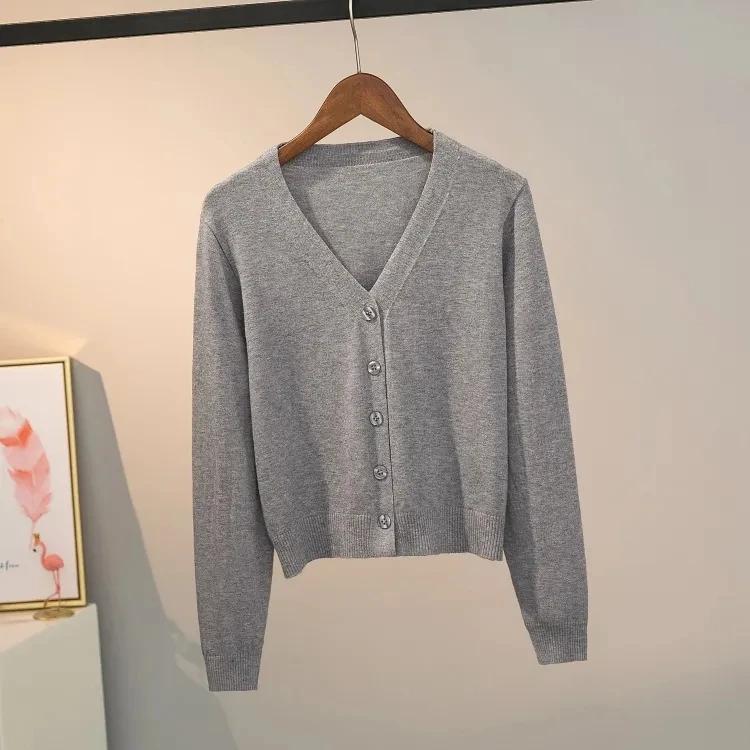 Sweater Knitted Cardigan Button Jacket Korea Autumn Winter V-neck Long Sleeve Casual Short Tops For Women Sweater Grey White